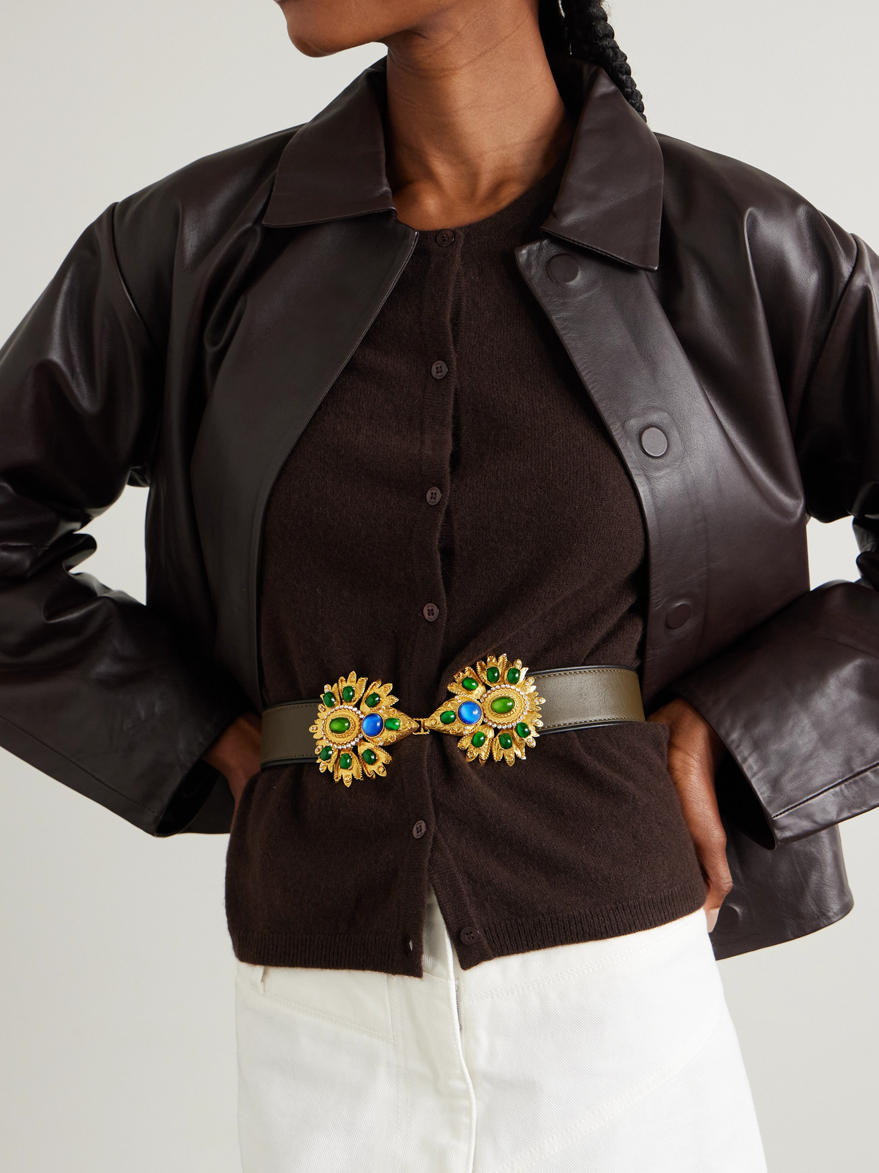 Sonia Petroff Desert Rose Embellished Leather Belt In Brown