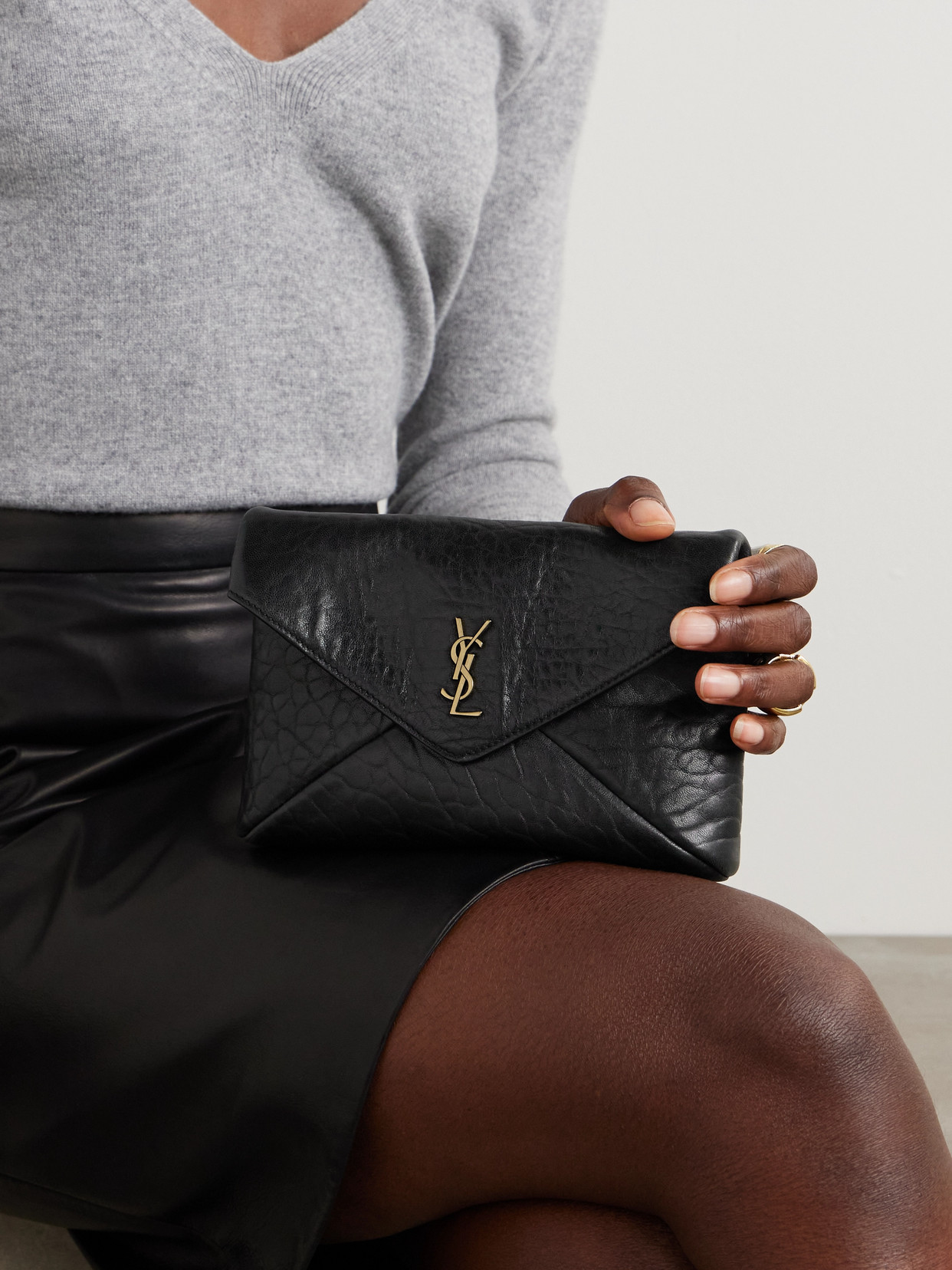 Saint Laurent Cassandre Mini Textured-leather Shoulder Bag In Black