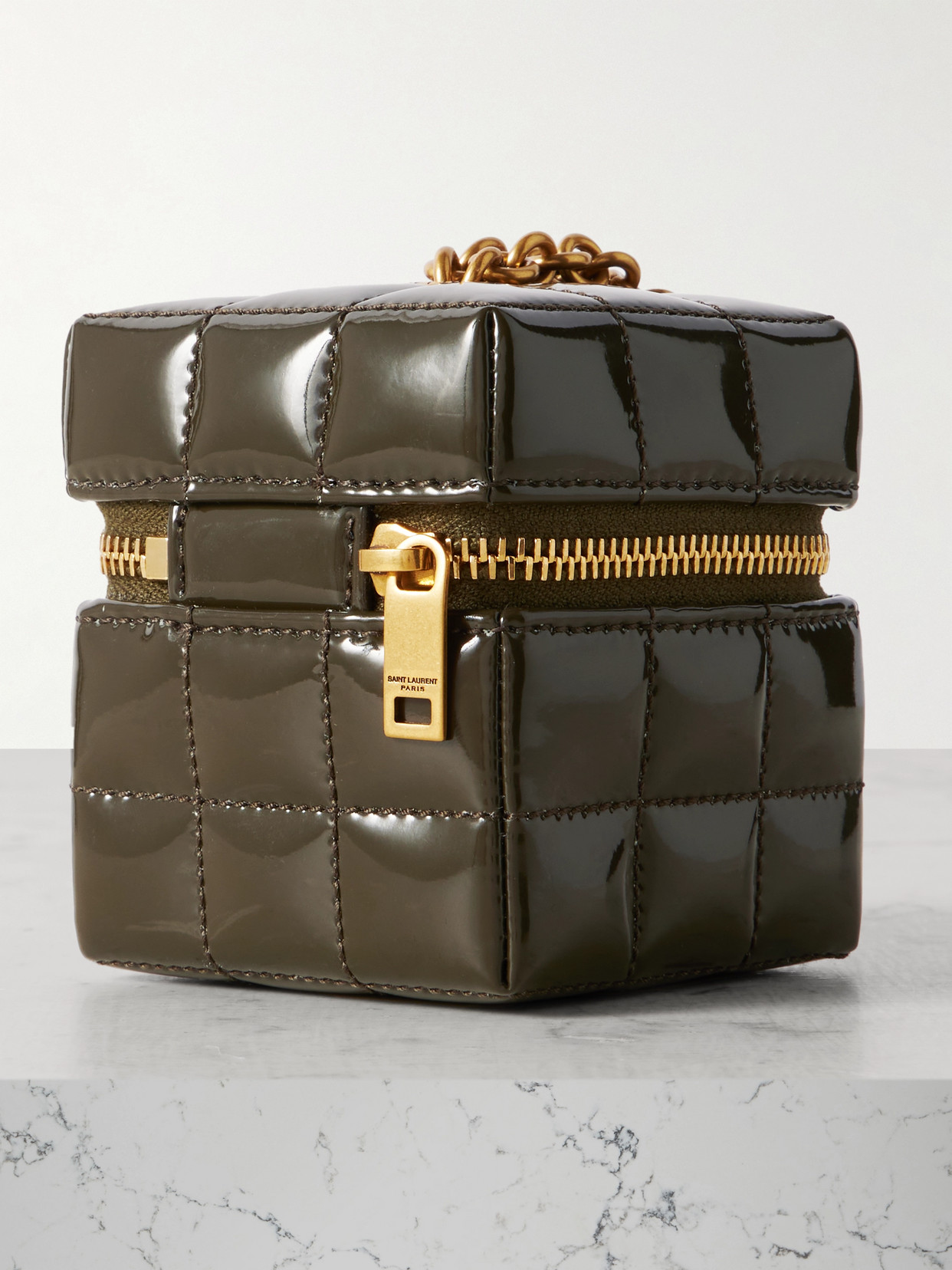 Saint Laurent Cassandre Micro Cube Quilted Patent-leather Pouch In Green