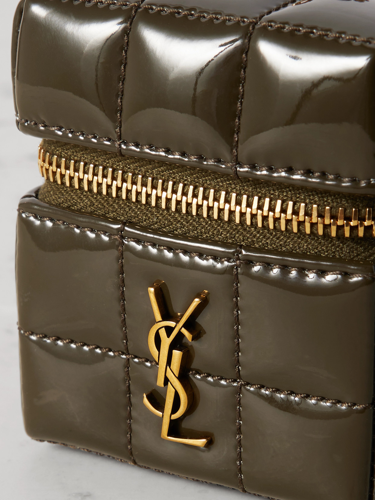 Saint Laurent Cassandre Micro Cube Quilted Patent-leather Pouch In Green