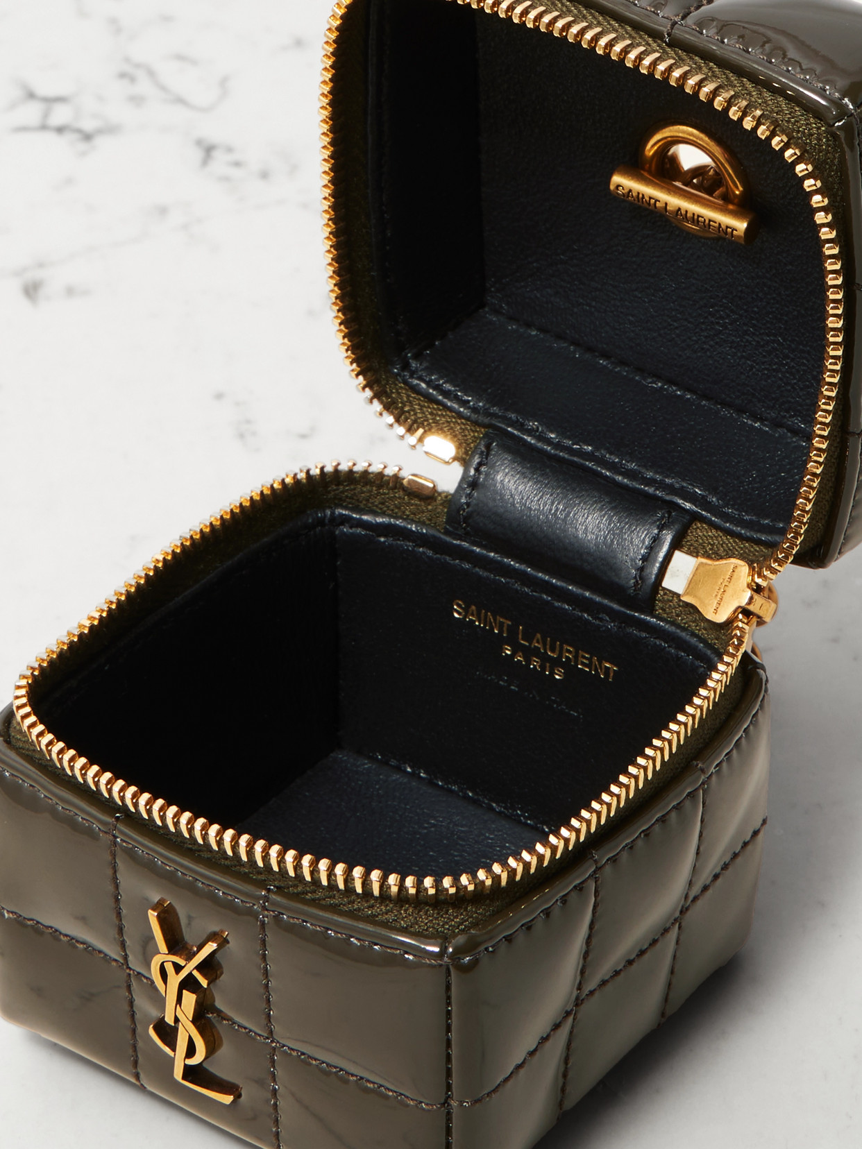 Saint Laurent Cassandre Micro Cube Quilted Patent-leather Pouch In Green