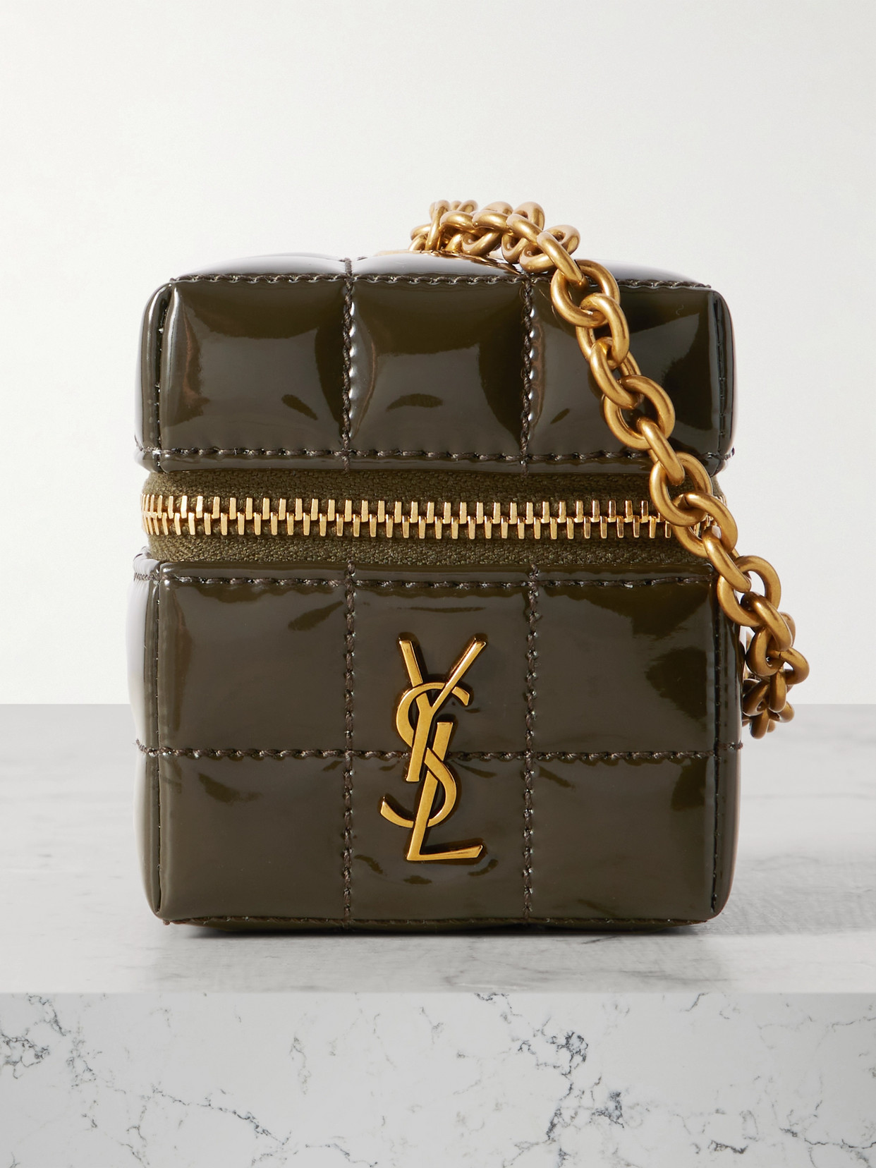 Saint Laurent Cassandre Micro Cube Quilted Patent-leather Pouch In Green