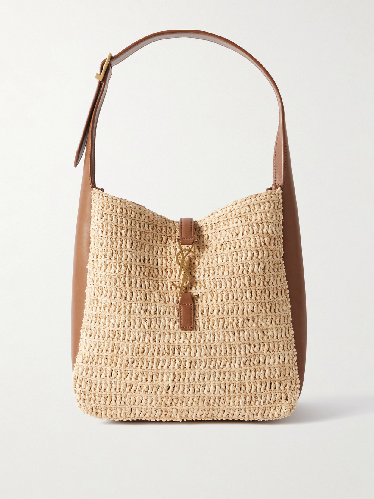 Saint Laurent Le 5 À 7 Supple Small Leather-trimmed Raffia Shoulder Bag In Neutrals