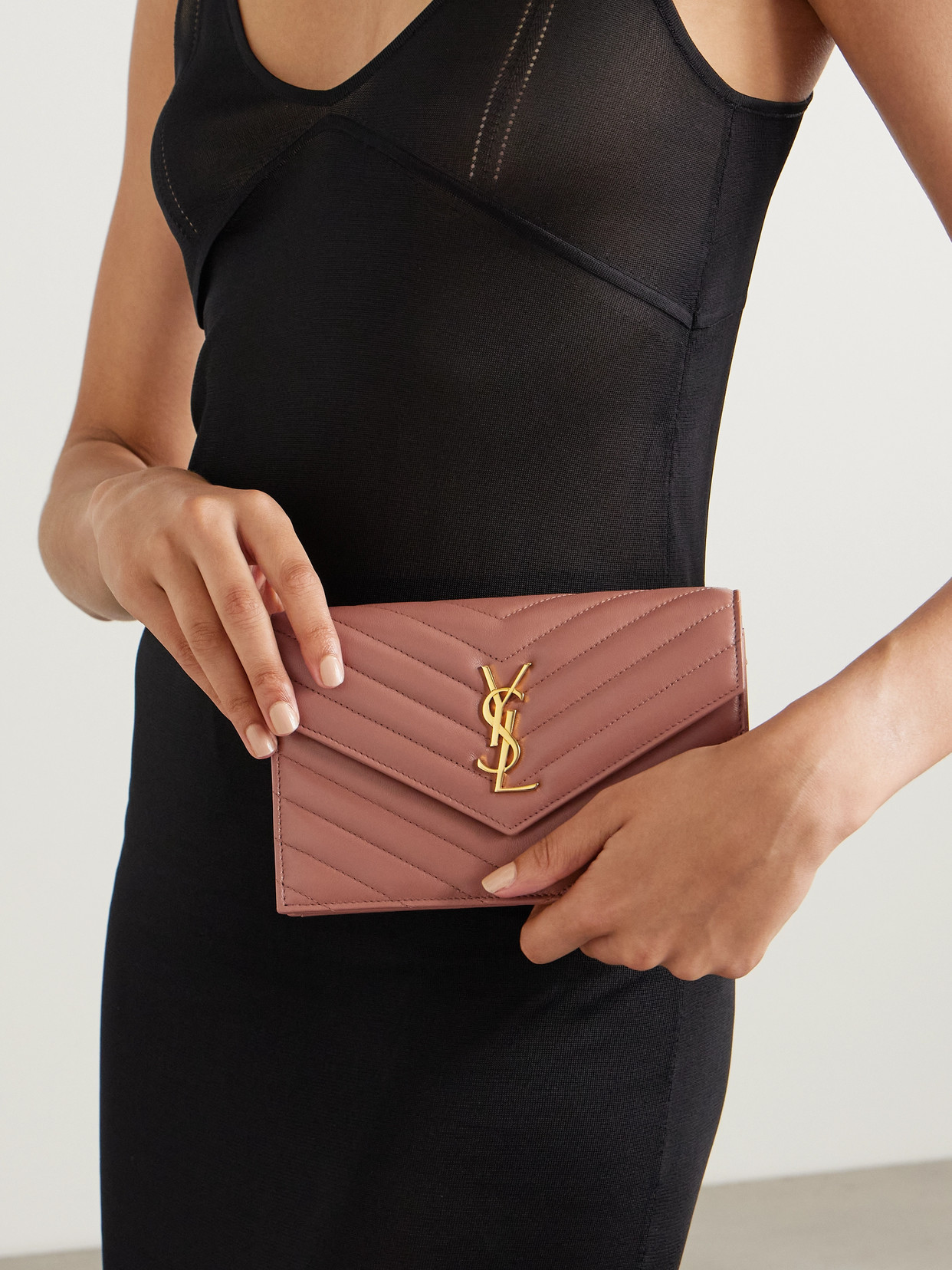 Saint Laurent Cassandre Envelope Chain Mini Matelassé Leather Wallet In Pink