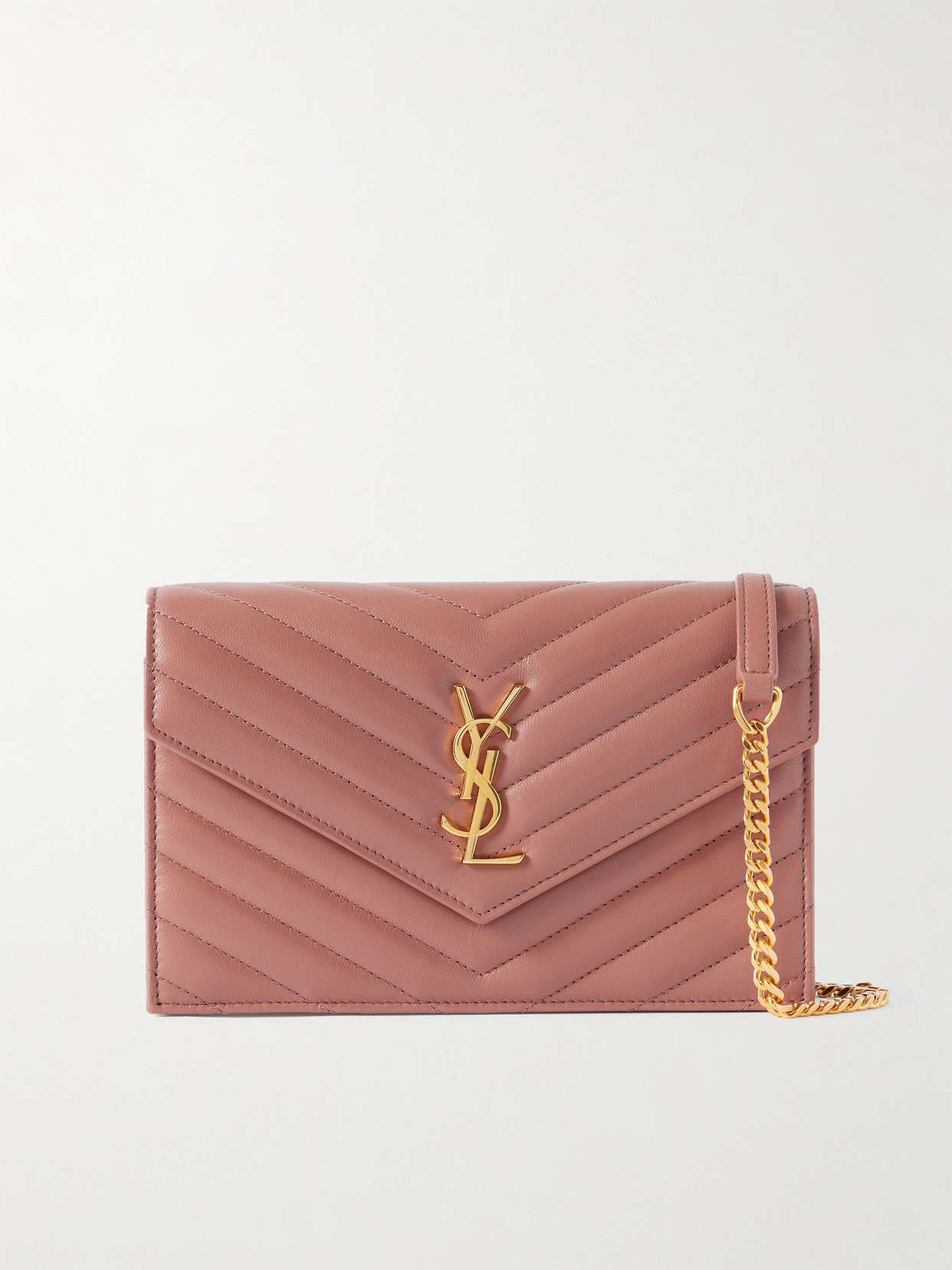 Saint Laurent Cassandre Envelope Chain Mini Matelassé Leather Wallet In Pink