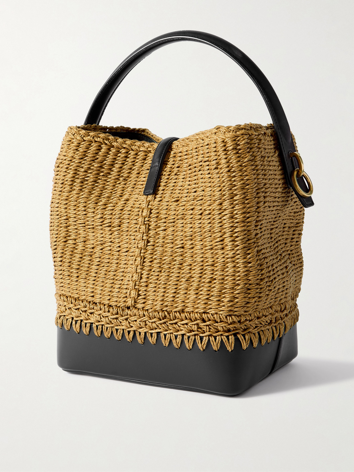 Saint Laurent Le 37 Bucket Leather-trimmed Raffia Shoulder Bag In Brown
