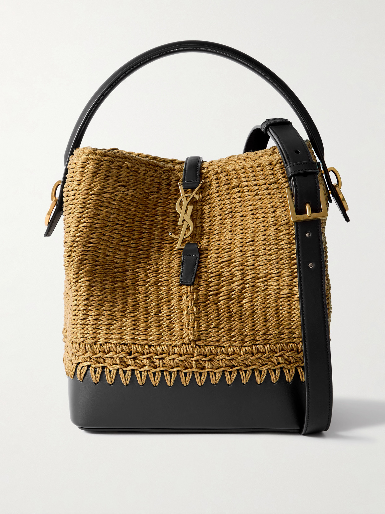 Saint Laurent Le 37 Bucket Leather-trimmed Raffia Shoulder Bag In Brown