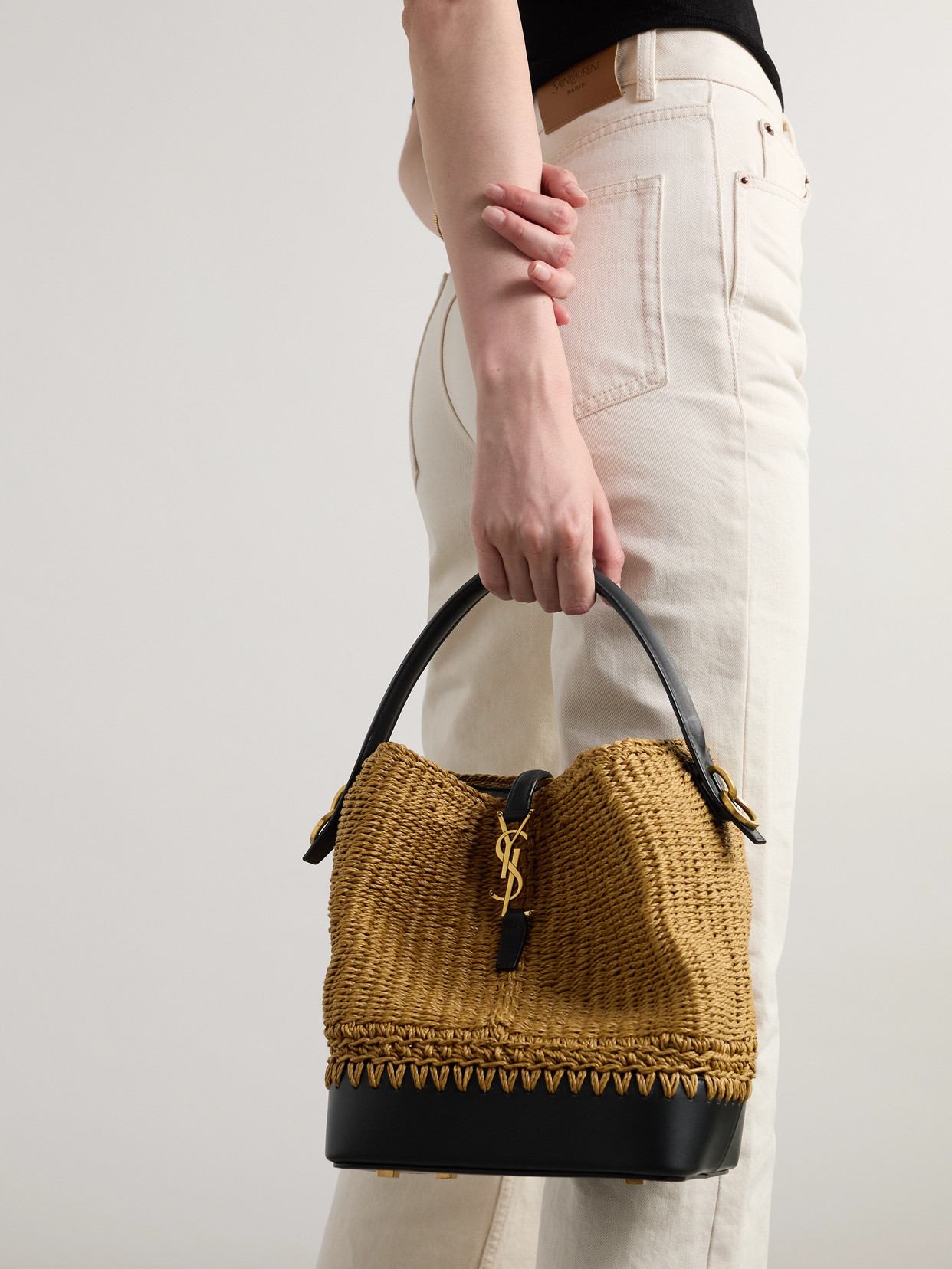Saint Laurent Le 37 Bucket Leather-trimmed Raffia Shoulder Bag In Brown