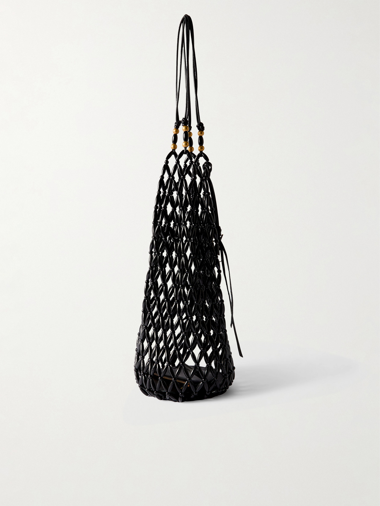 Leather-Trimmed Beaded Wood Tote