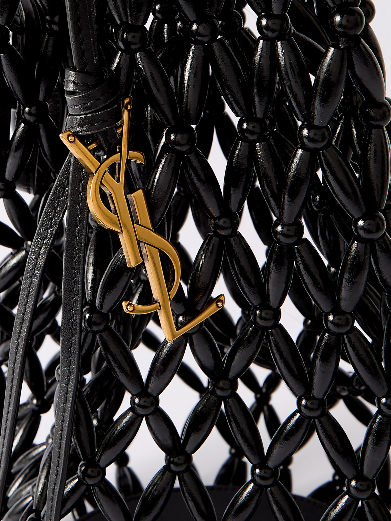 Leather-Trimmed Beaded Wood Tote