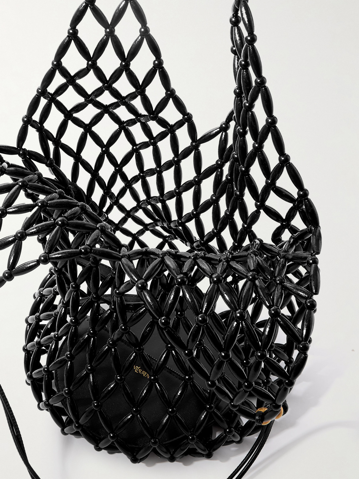 Leather-Trimmed Beaded Wood Tote