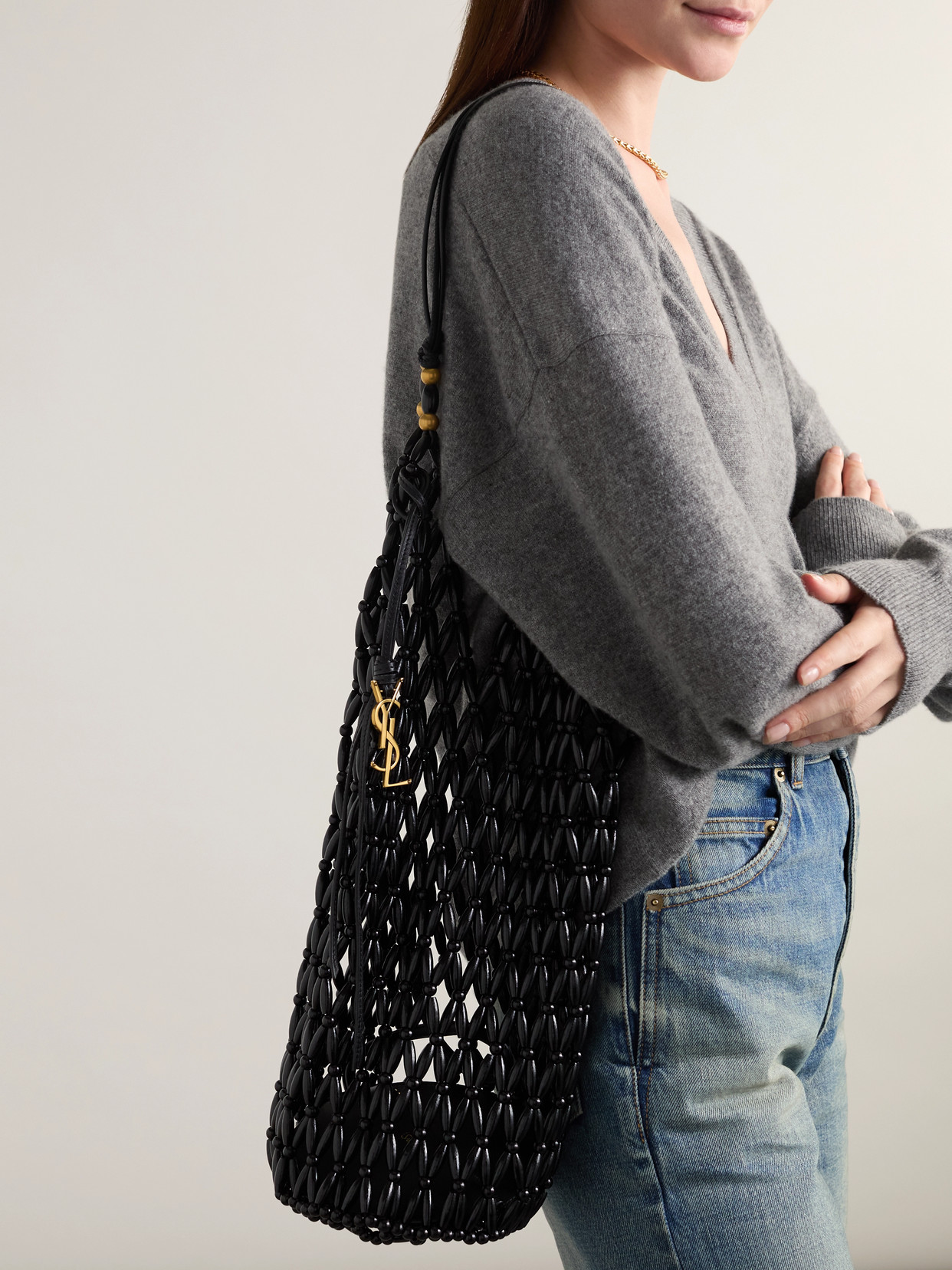 Leather-Trimmed Beaded Wood Tote