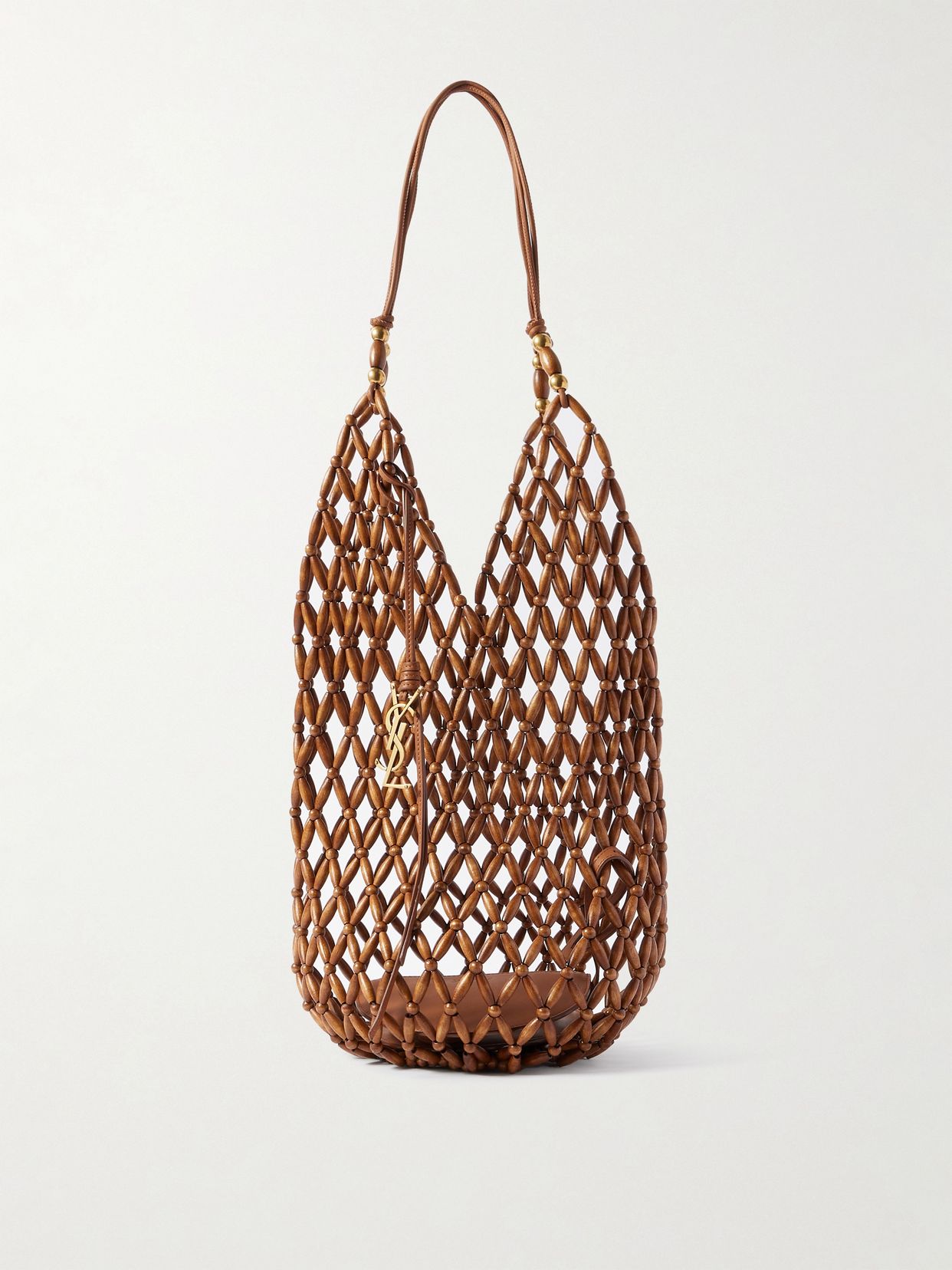 Leather-trimmed beaded wood tote