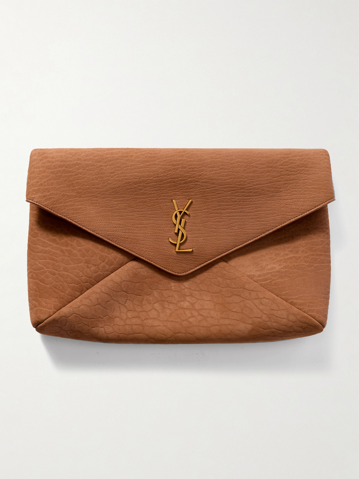Saint Laurent Cassandre Large Textured-nubuck Clutch In Neutrals