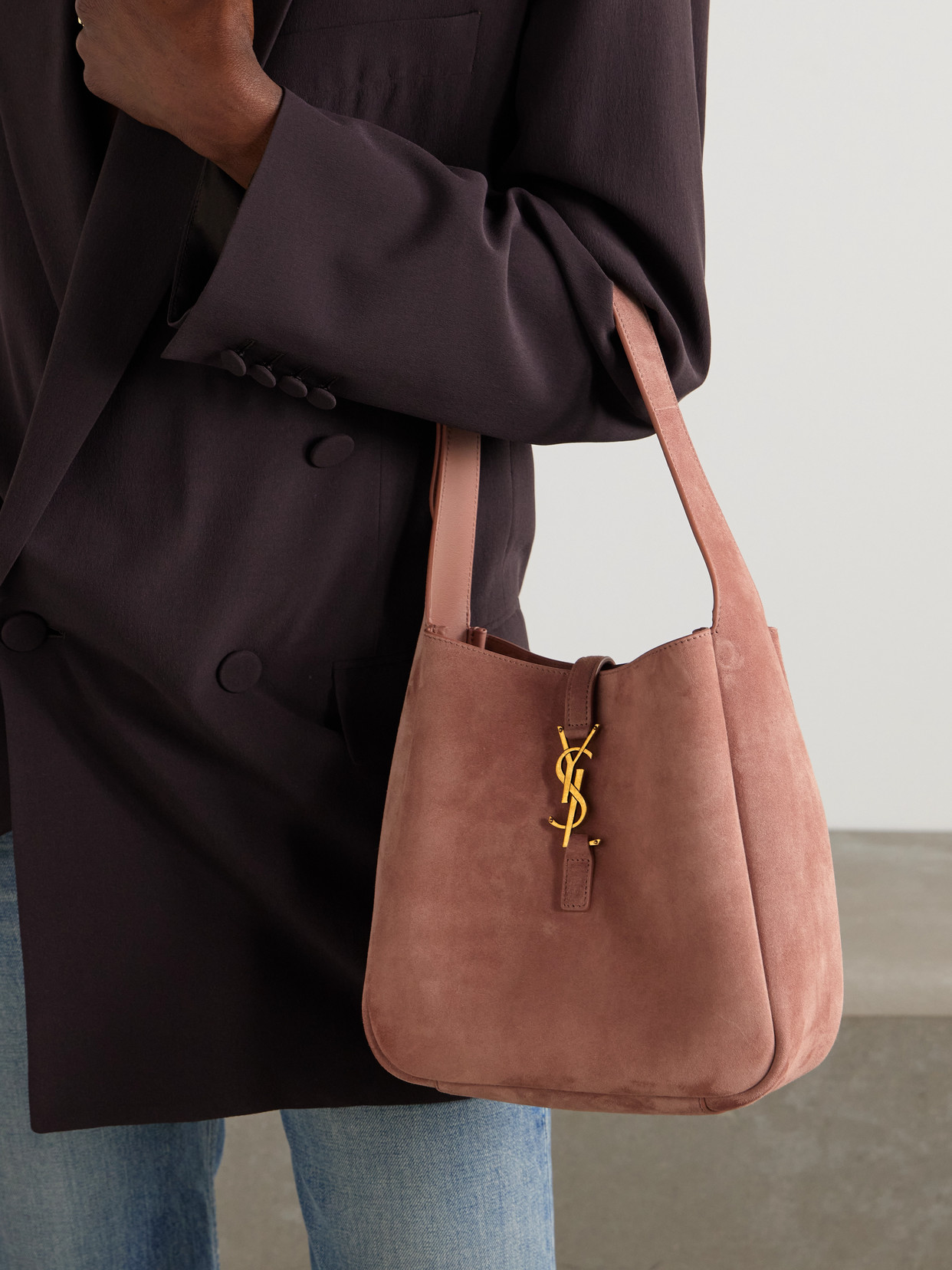 Saint Laurent Le 5 À 7 Supple Small Suede Shoulder Bag In Pink