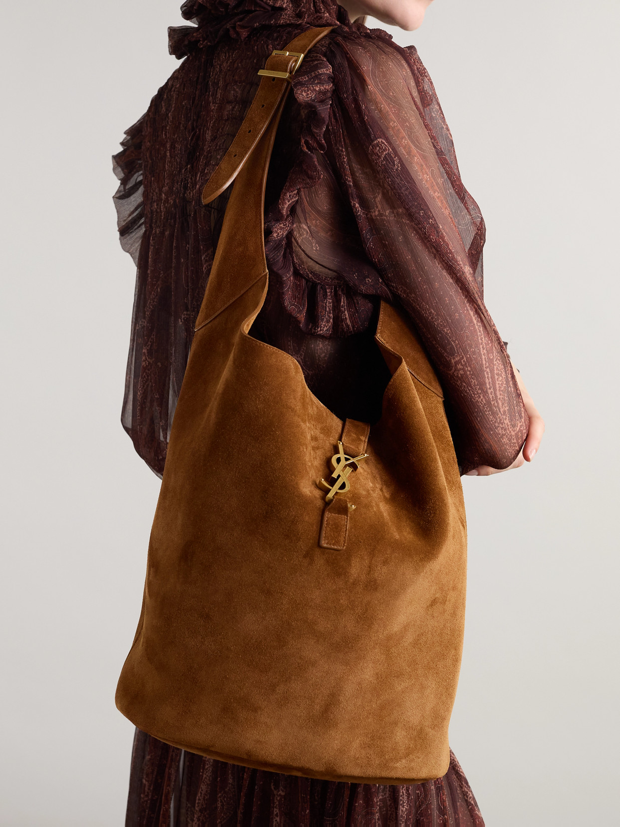 Saint Laurent Le 5 À 7 Suede Shoulder Bag In Brown