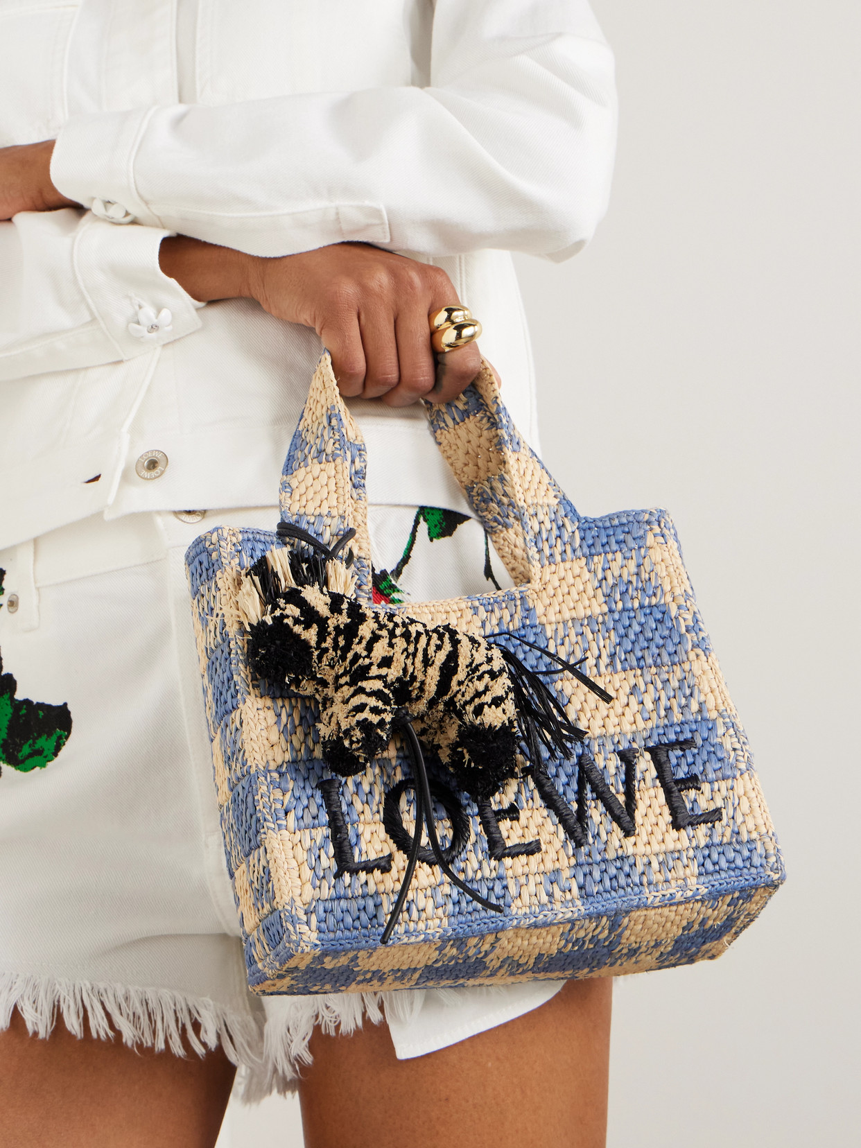 Loewe + Paula's Ibiza Zebra Leather-trimmed Raffia Charm In Neutrals