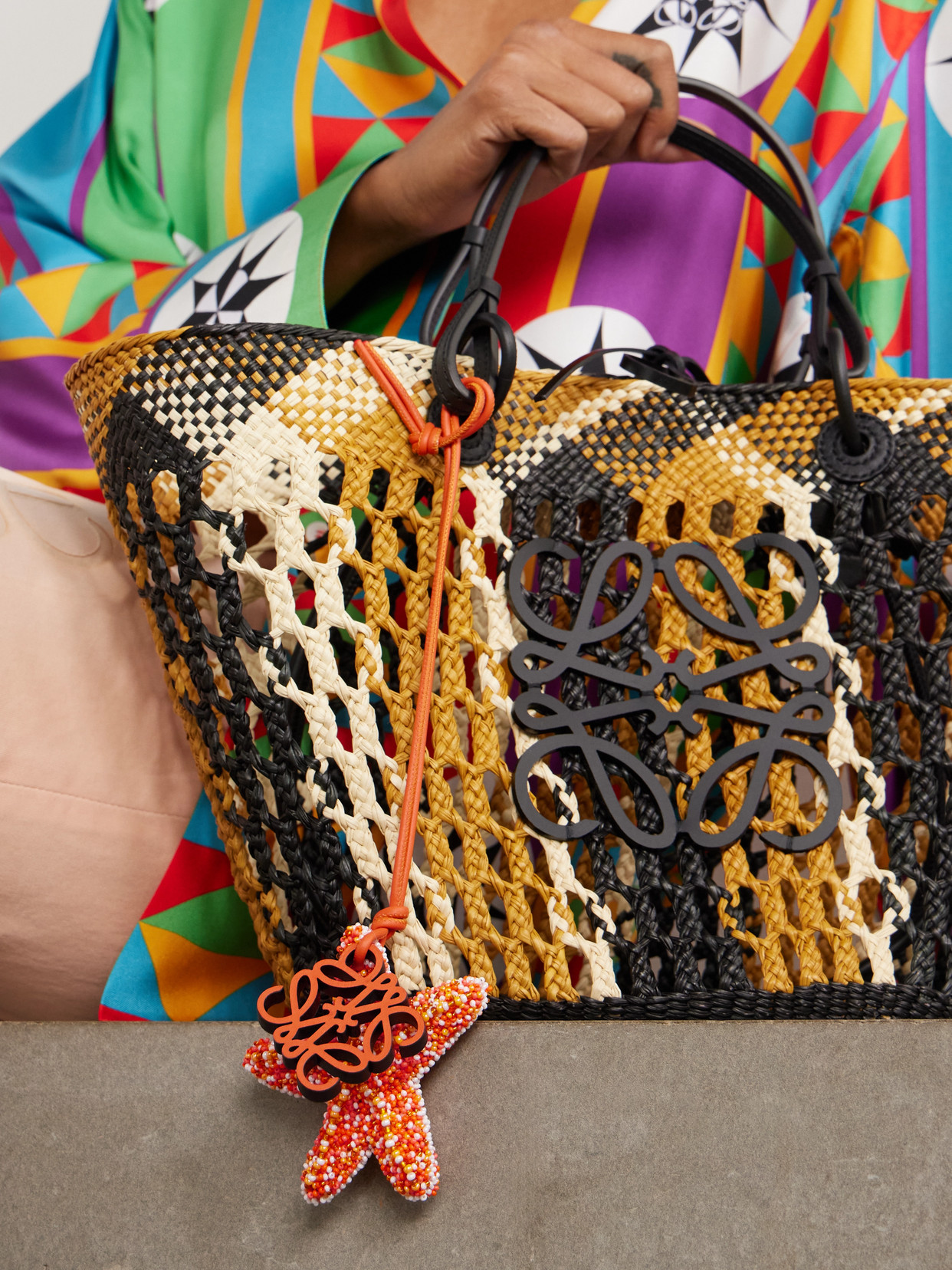 Loewe + Paula's Ibiza Star Anagram Beaded Leather Bag Charm In Orange