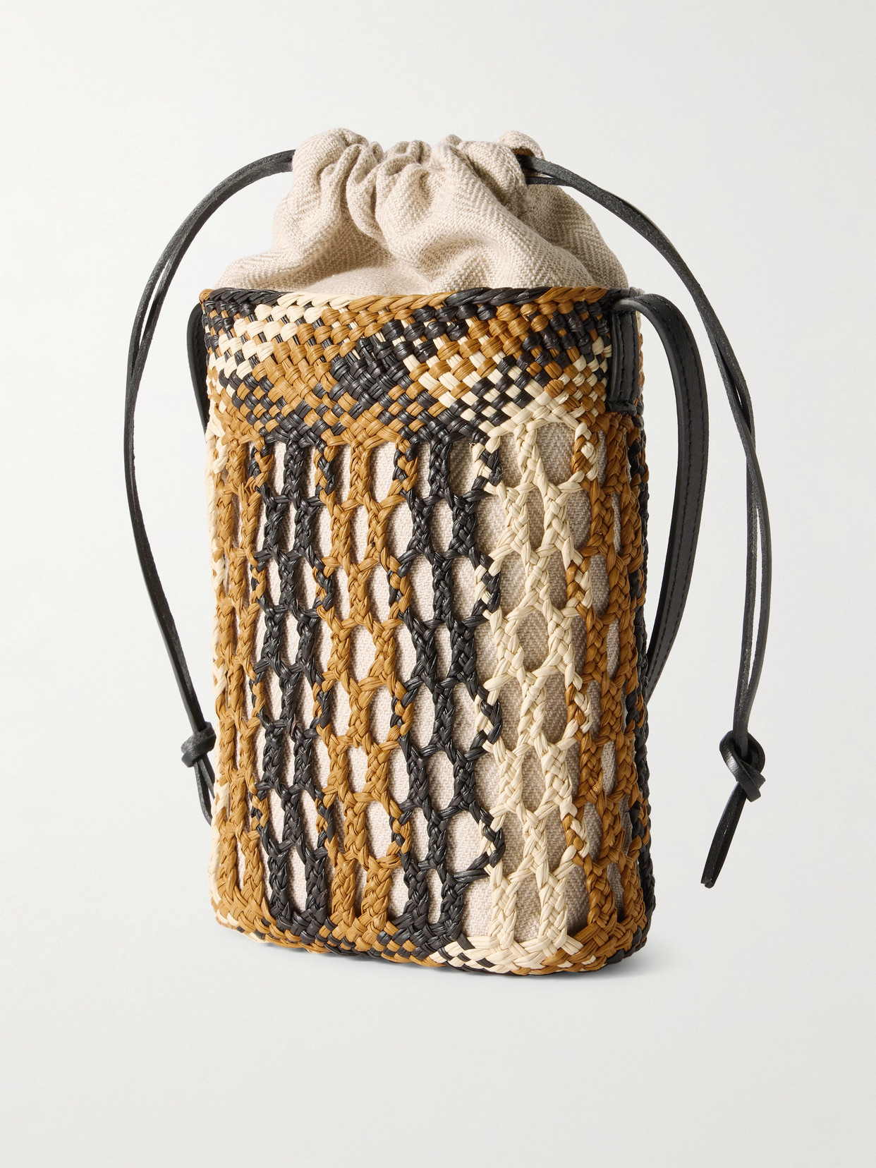 LOEWE + PAULA'S IBIZA ANAGRAM LEATHER-TRIMMED WOVEN RAFFIA BUCKET BAG