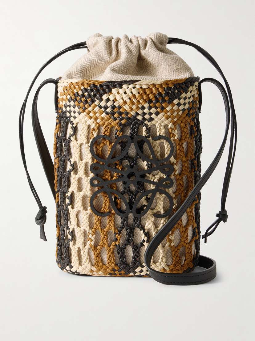Loewe + Paula's Ibiza Anagram Leather-trimmed Woven Raffia Bucket Bag