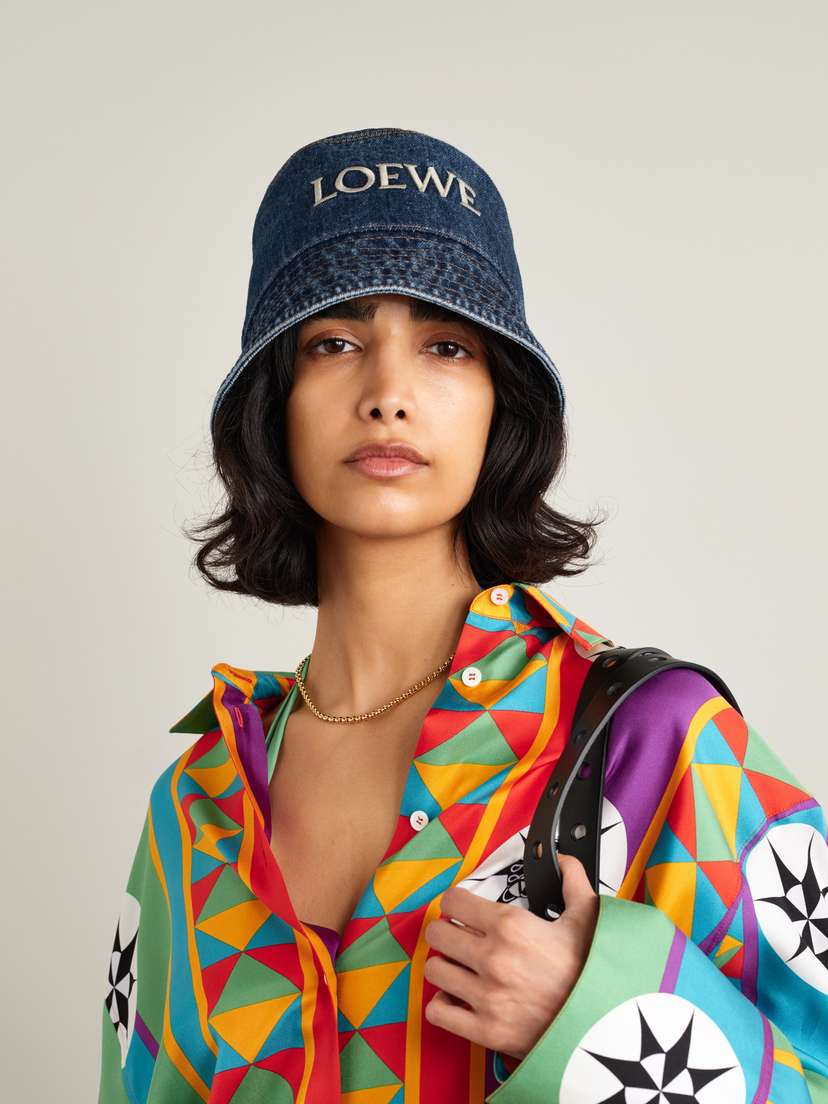 Loewe + Paula's Ibiza Embroidered Denim Bucket Hat - back view in Blue