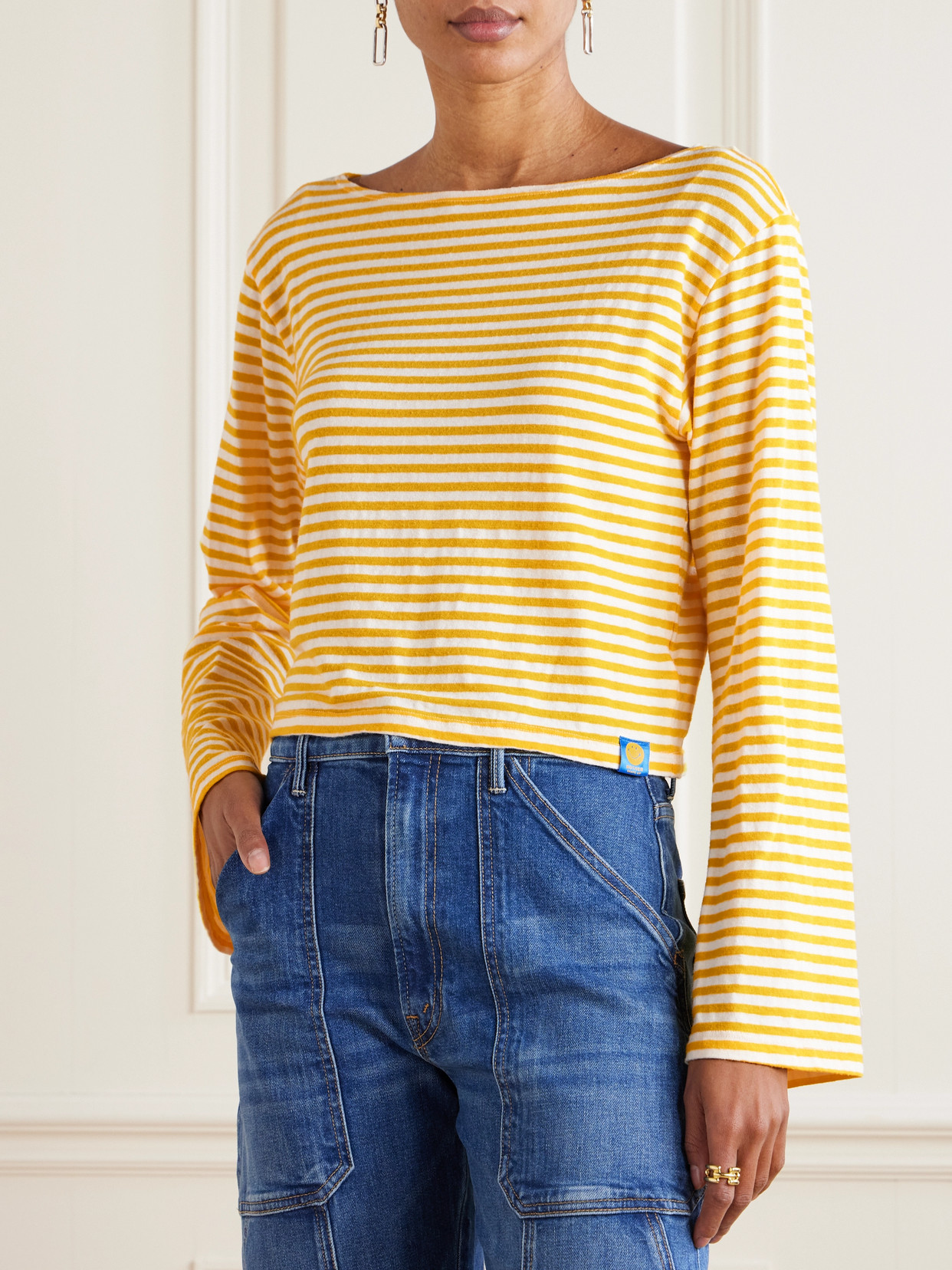 Mother The Skipper Bell Striped Stretch-cotton Sweater In Yellow