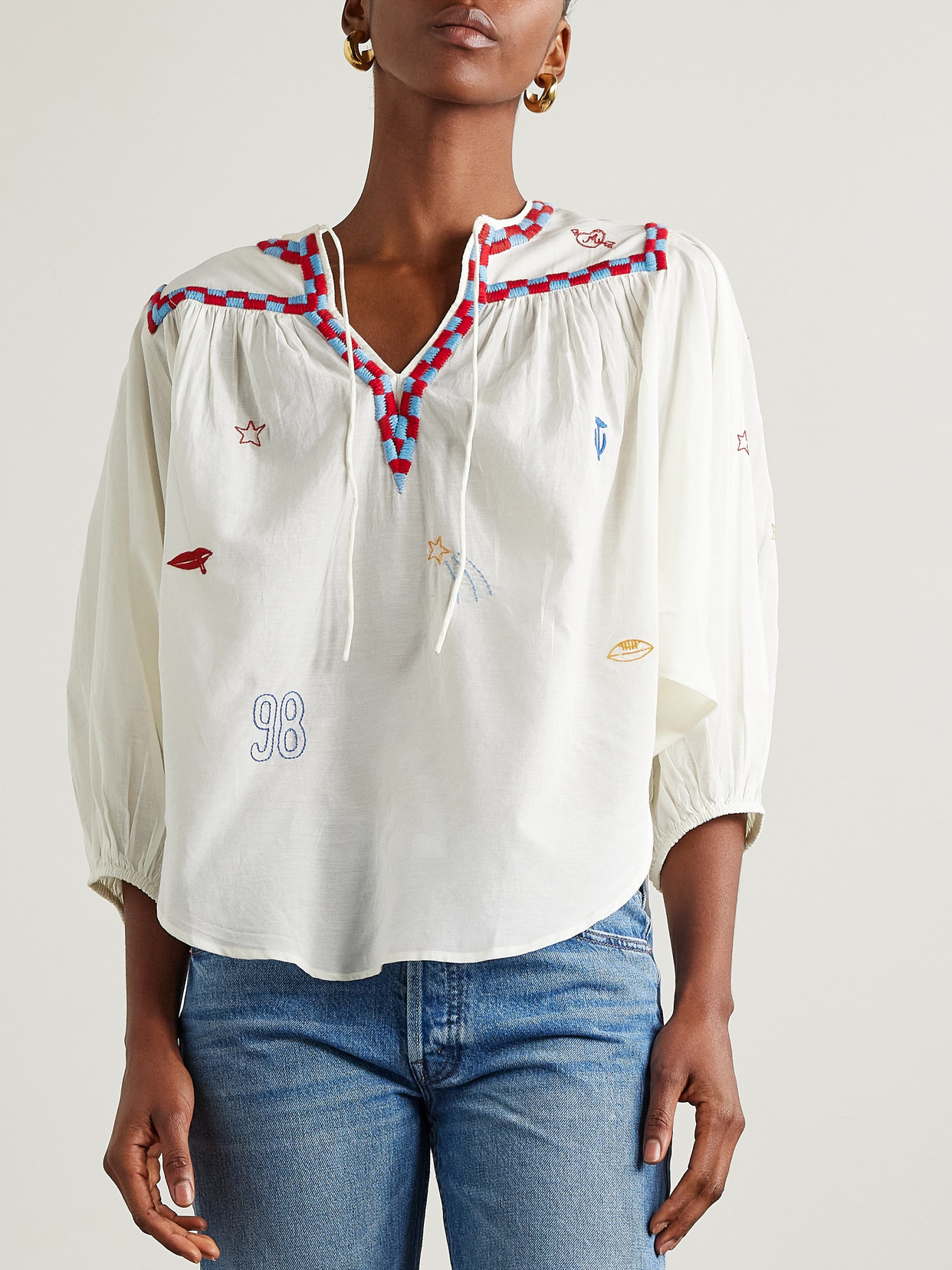Mother Cotton-blend Embroidered The Breeze Blouse In White