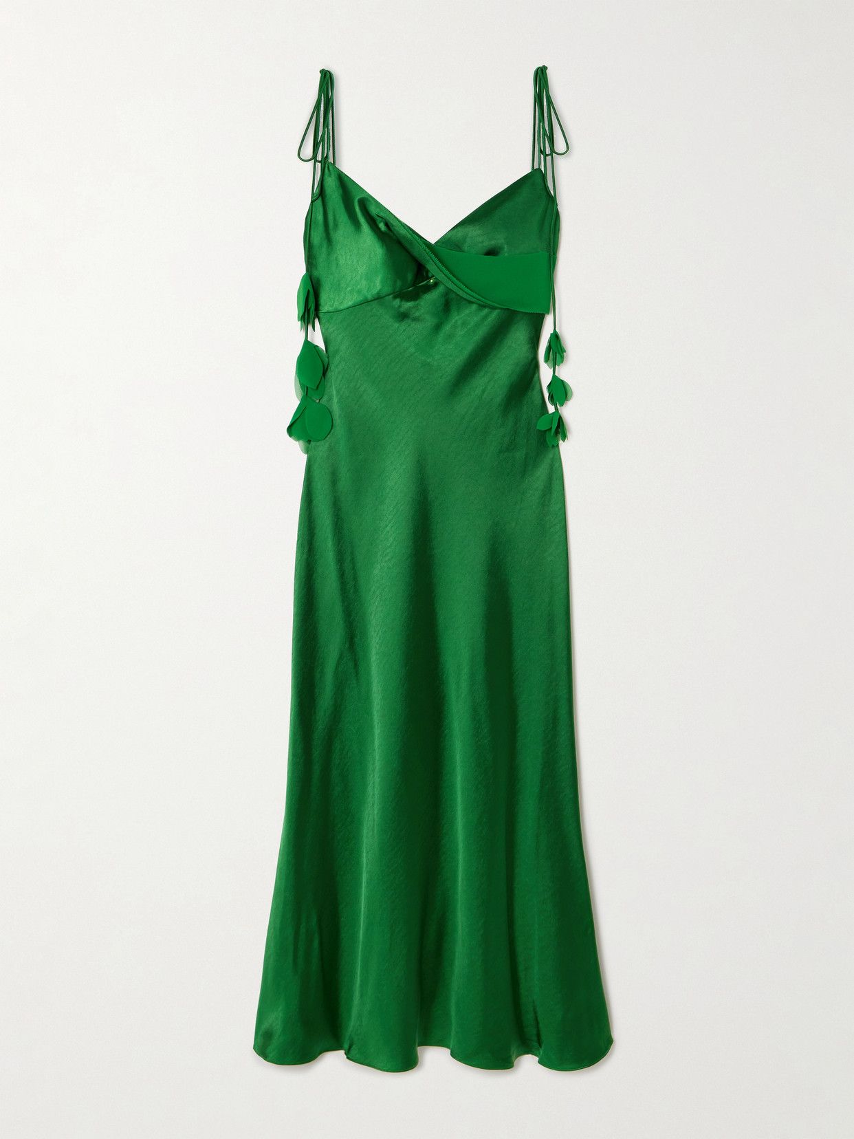 Self-Portrait - Appliquéd Georgette-trimmed Draped Satin Midi Dress - Green