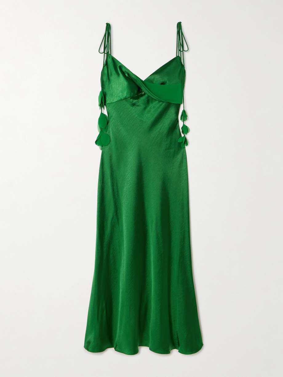 appliquéd georgette-trimmed draped satin midi dress