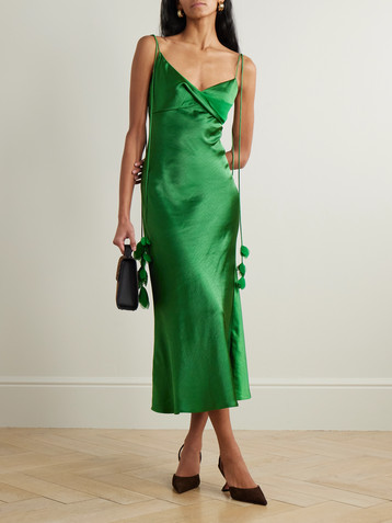 self-portrait Appliquéd georgette-trimmed draped satin midi dress