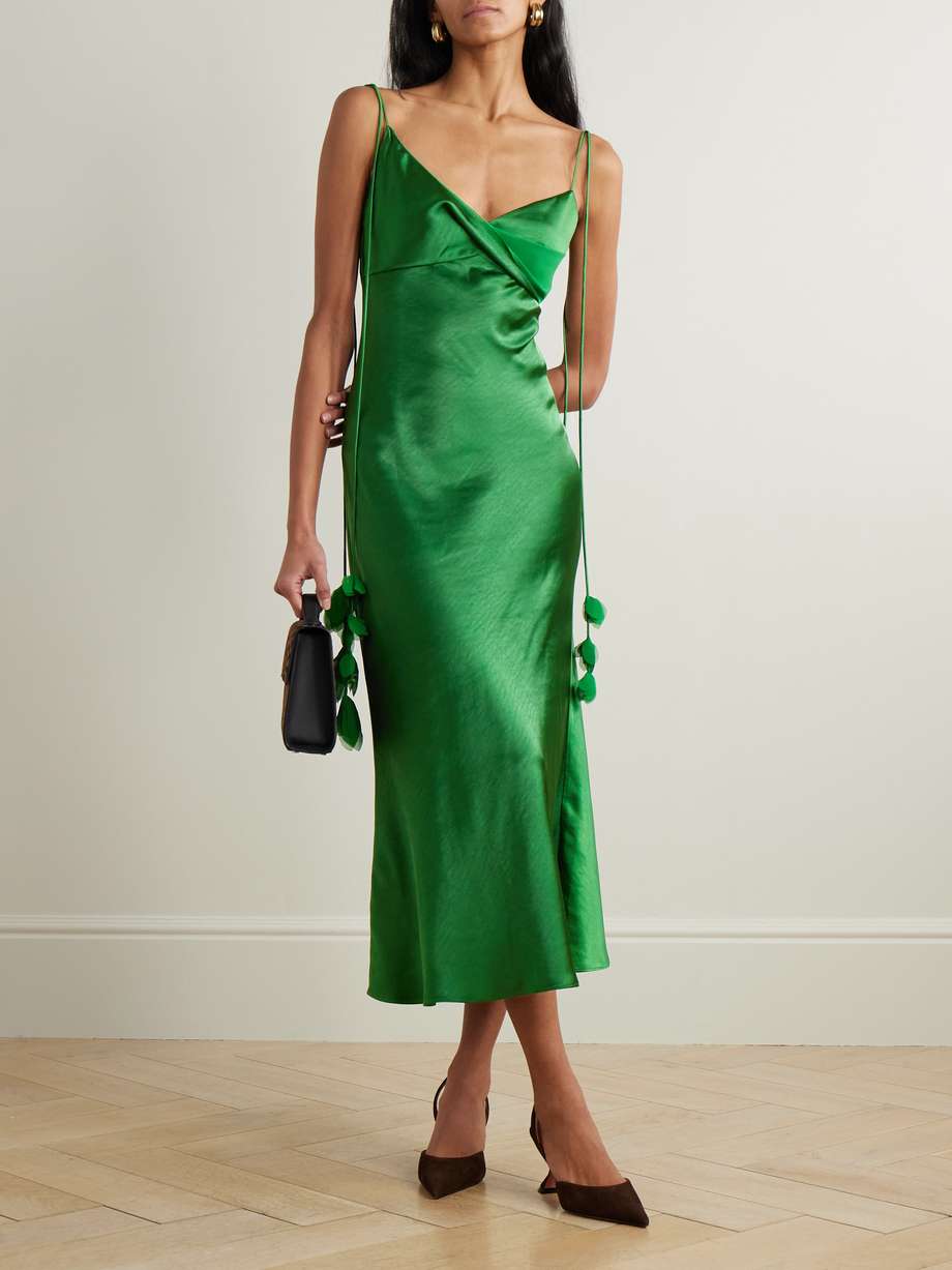 appliquéd georgette-trimmed draped satin midi dress