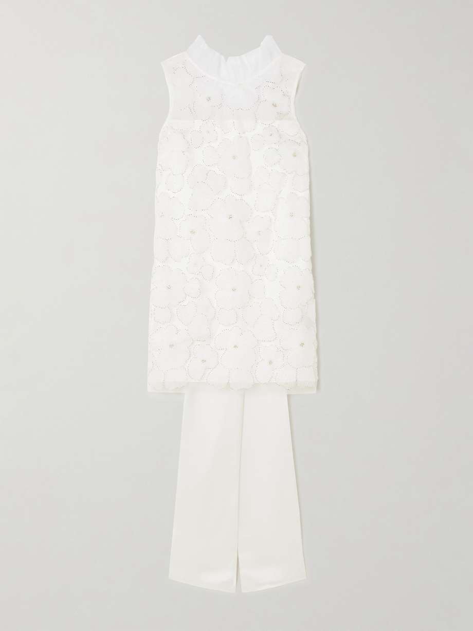 embellished appliquéd tulle and satin mini dress