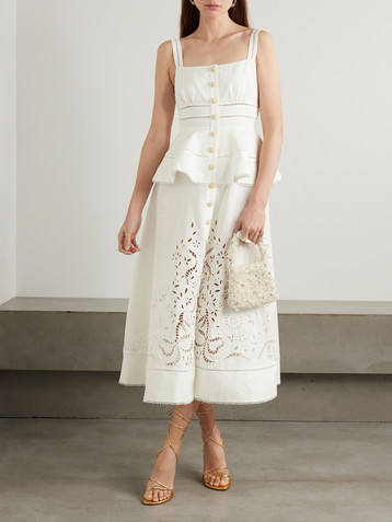 self-portrait Embellished broderie anglaise linen and cotton-blend midi dress