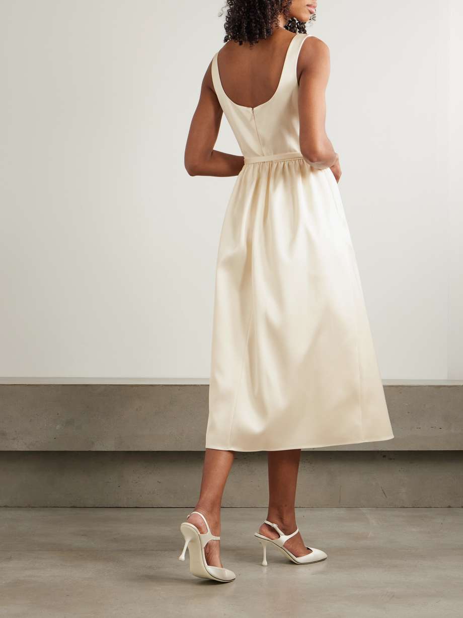 appliquéd belted satin midi dress
