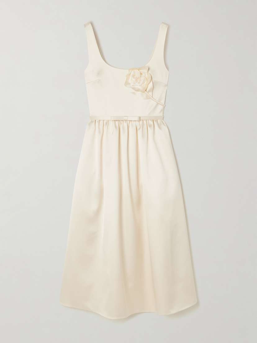 Self-Portrait Appliquéd Belted Satin Midi Dress