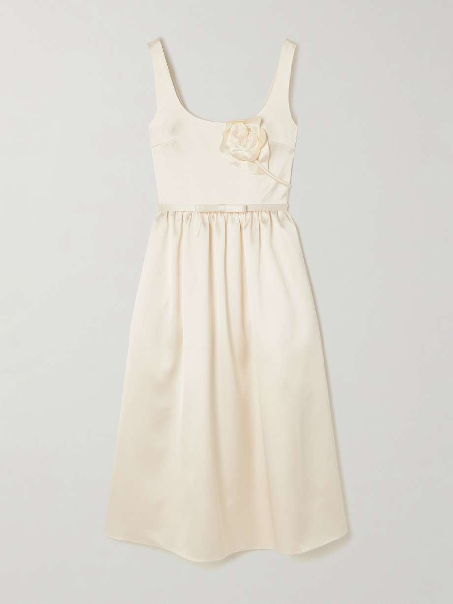 appliquéd belted satin midi dress