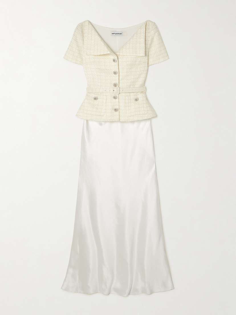 Self-Portrait Belted Embellished Bouclé And Satin Maxi Dress