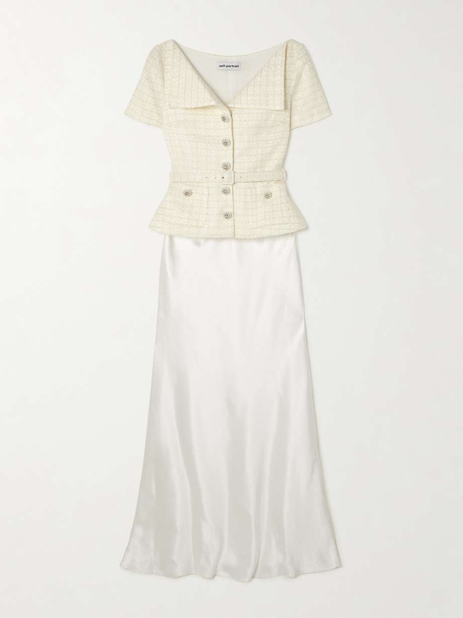 belted embellished bouclé and satin maxi dress