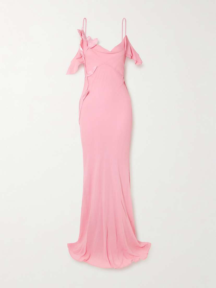 Self-Portrait Appliquéd Ruffled Cold-shoulder Georgette Maxi Dress