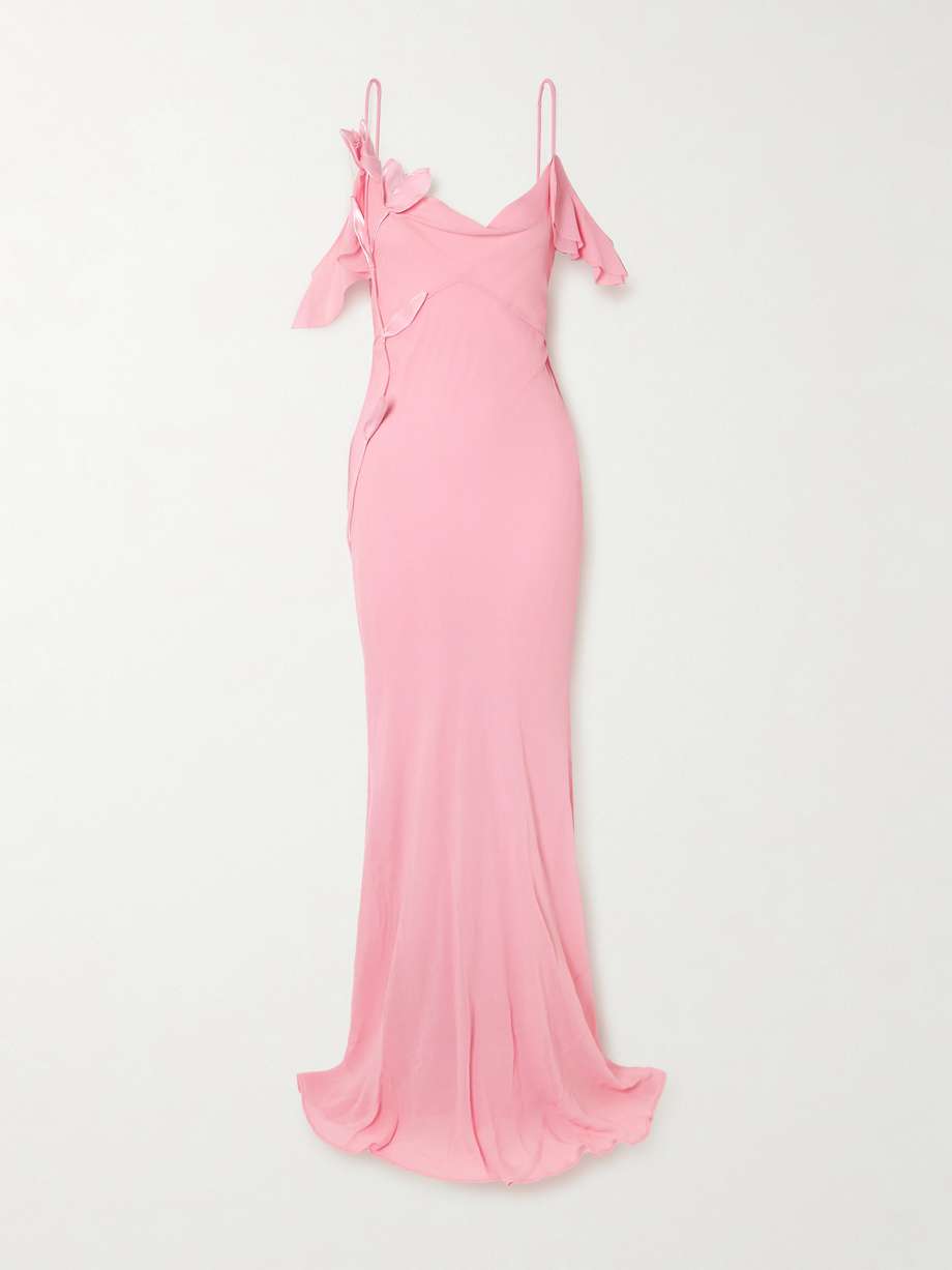 appliquéd ruffled cold-shoulder georgette maxi dress