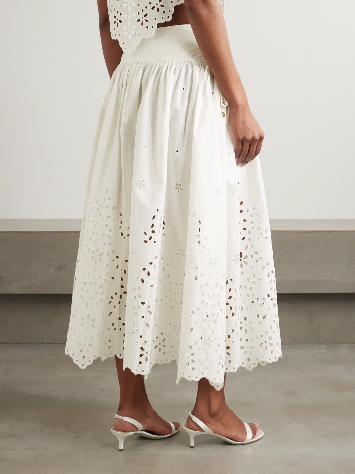Self-portrait White Midi Skirt With Side Gathered Details And All-over Embroidery In Cotton Woman In White