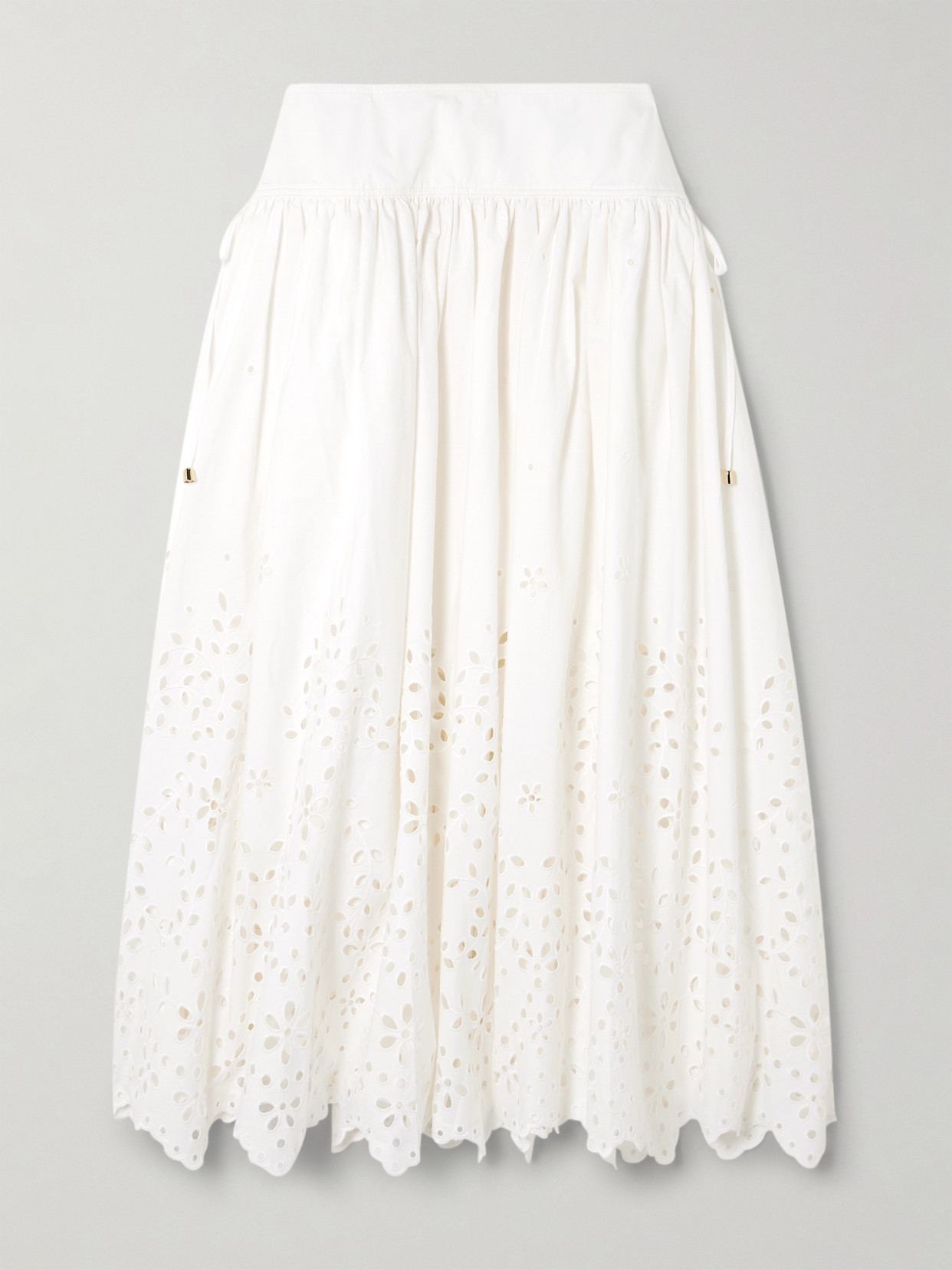 Self-portrait White Midi Skirt With Side Gathered Details And All-over Embroidery In Cotton Woman In White