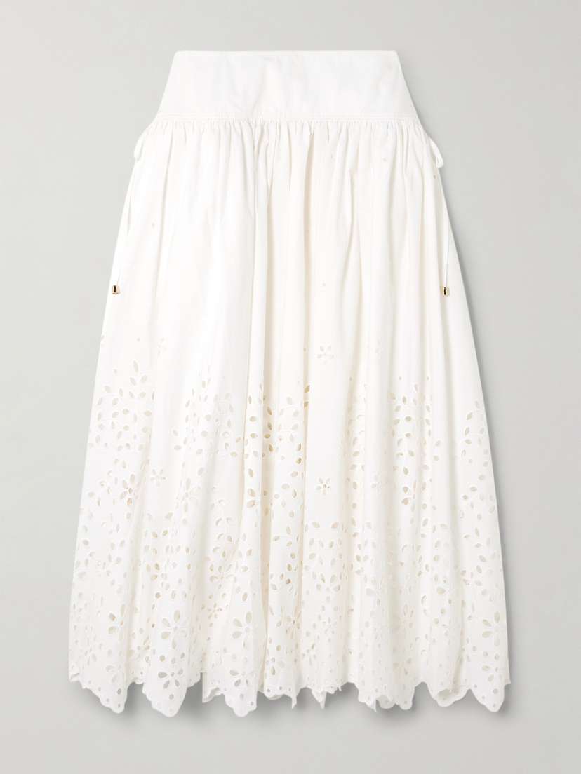 Self-Portrait Embellished Tie-detailed Broderie Anglaise Cotton Midi Skirt
