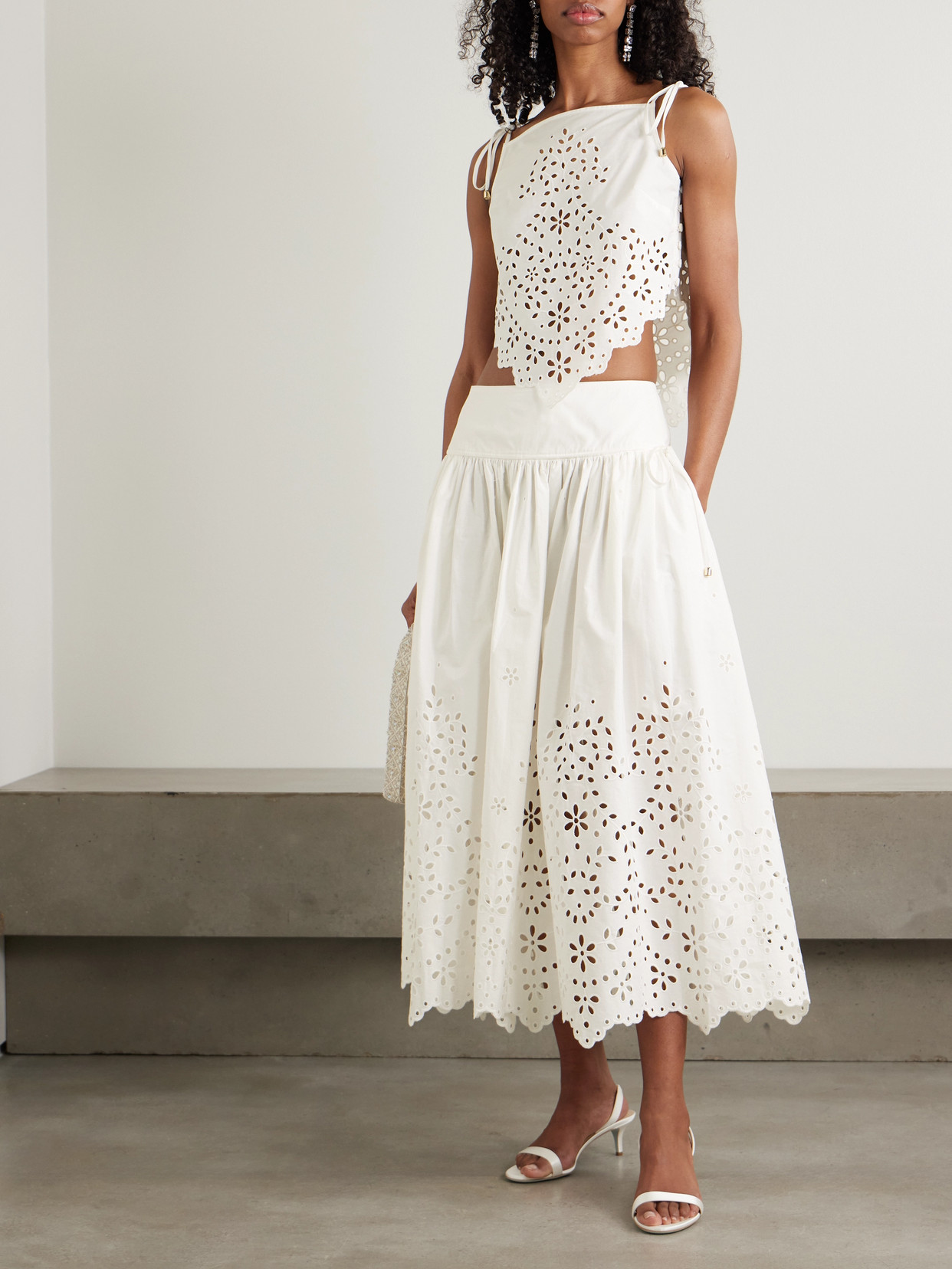 Self-portrait White Midi Skirt With Side Gathered Details And All-over Embroidery In Cotton Woman In White