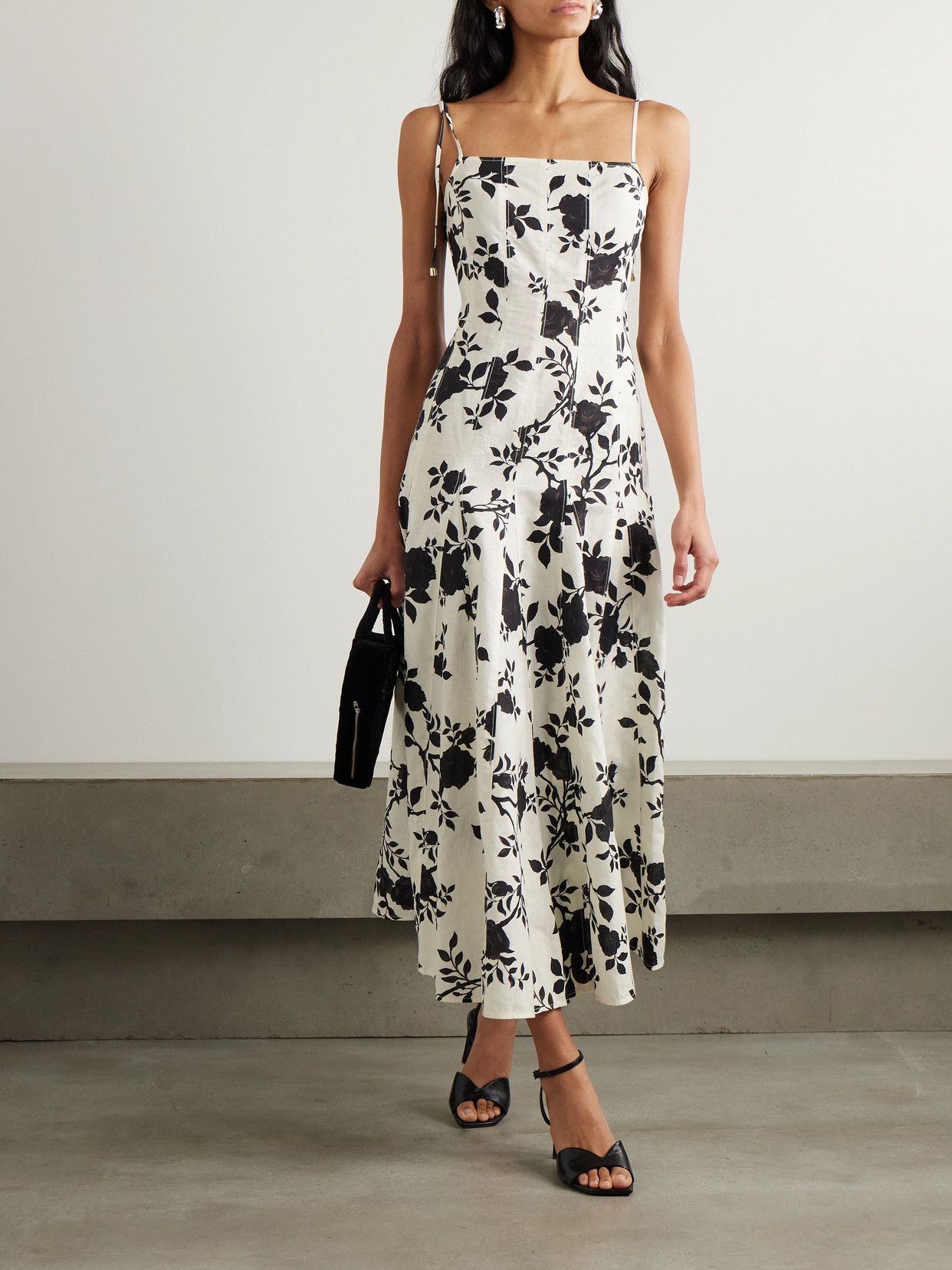 Self-portrait Floral-print Linen And Cotton-blend Midi Dress In Off-white