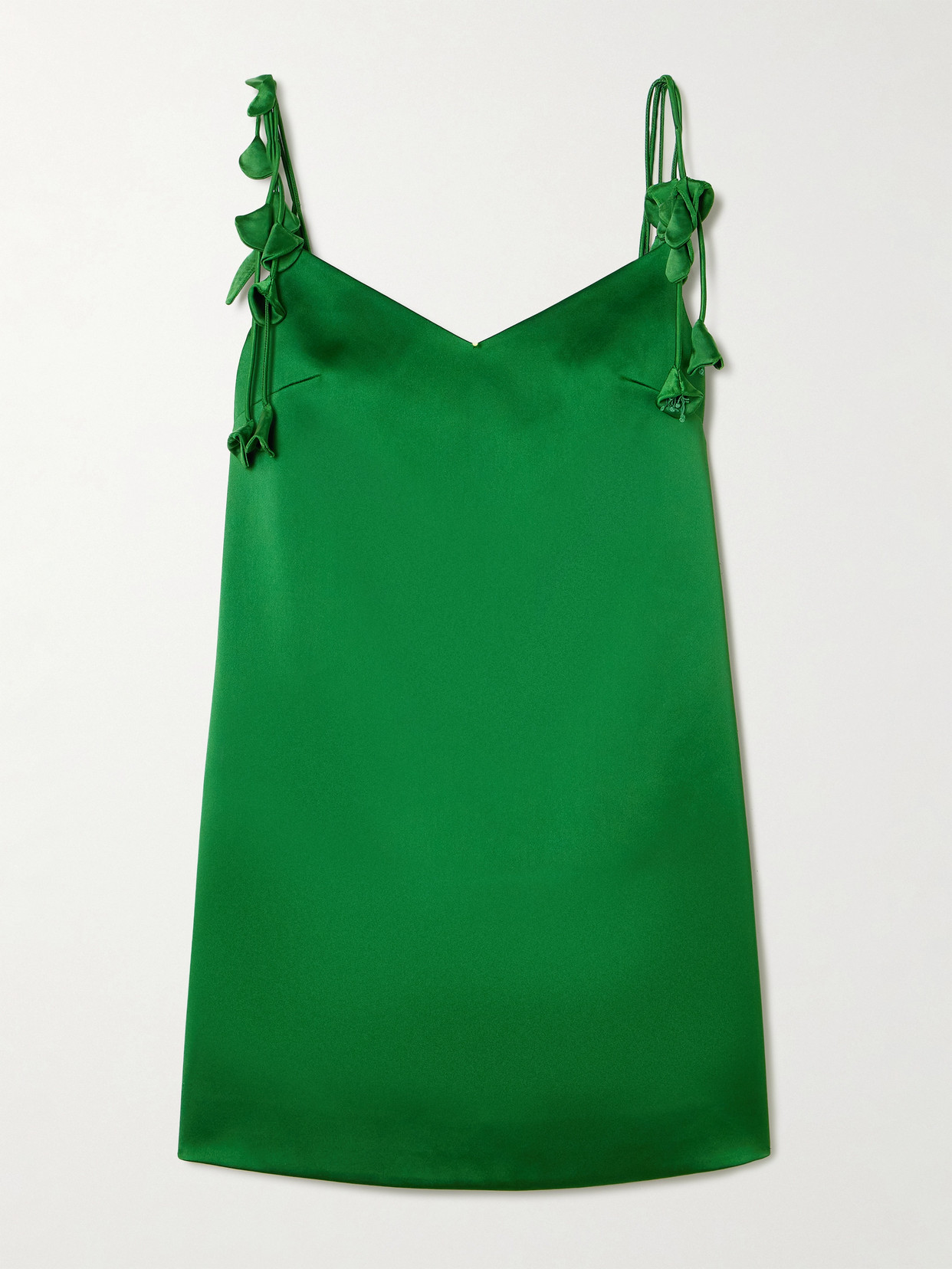 Self-portrait Green Mini Dress With V Neck And Shoulder Straps With Floral Embellishments In Tech Fabric Woman In Green