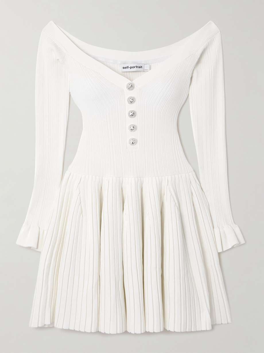 off-the-shoulder pleated ribbed-knit mini dress