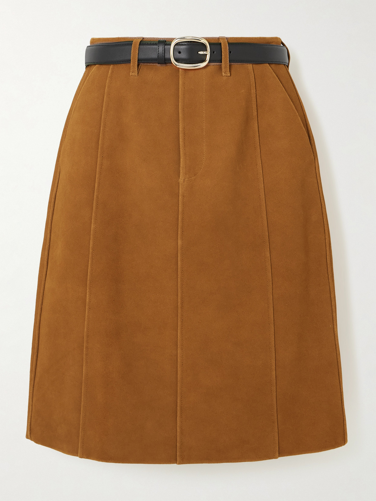 Self-portrait Belted Paneled Suede Skirt In Brown