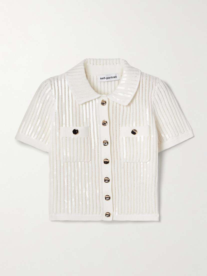 Self-Portrait Cropped Sequined Crocheted Cotton And Cashmere-blend Shirt