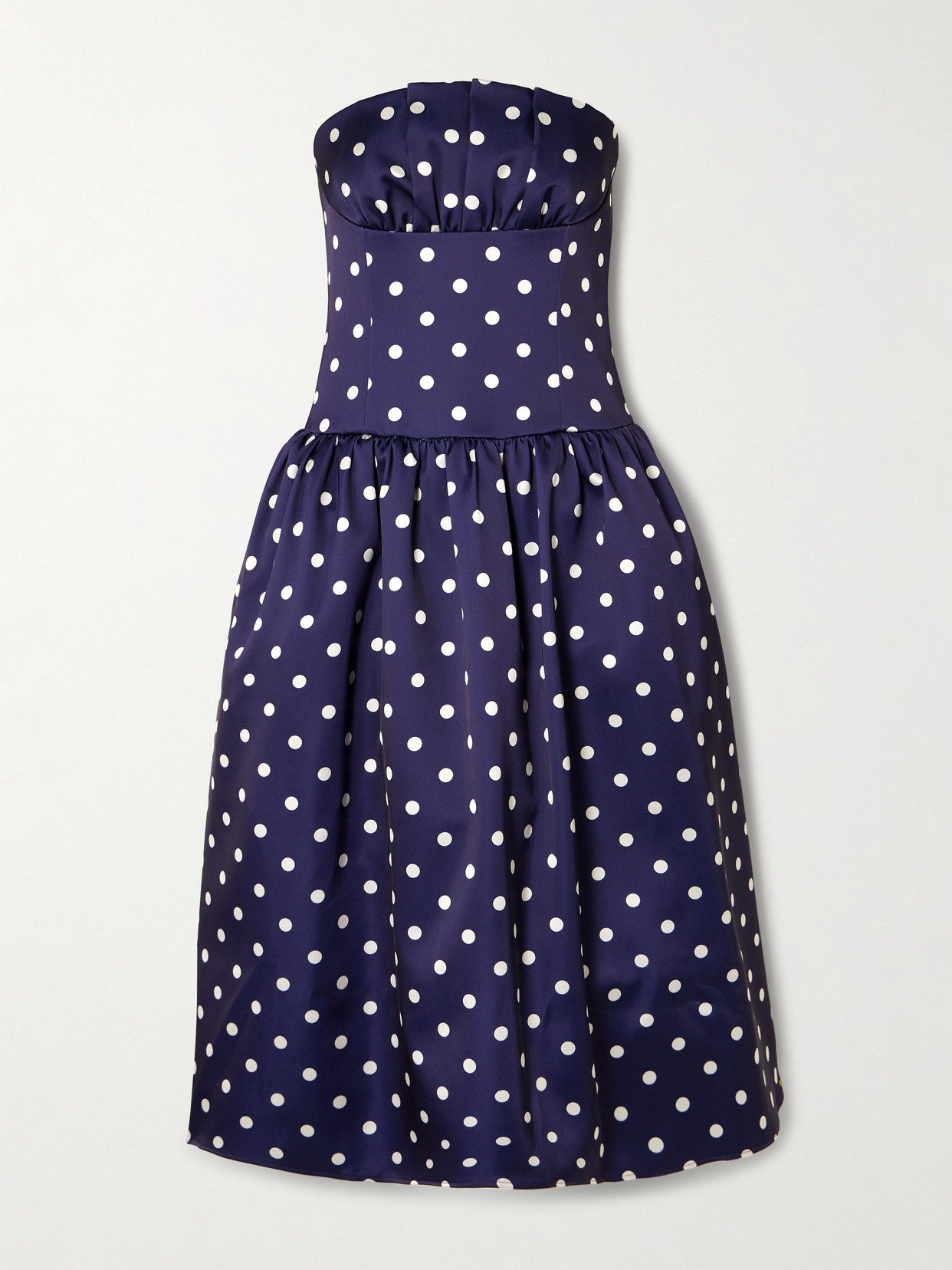 Self-Portrait - Strapless Pleated Polka-dot Satin Midi Dress - Navy